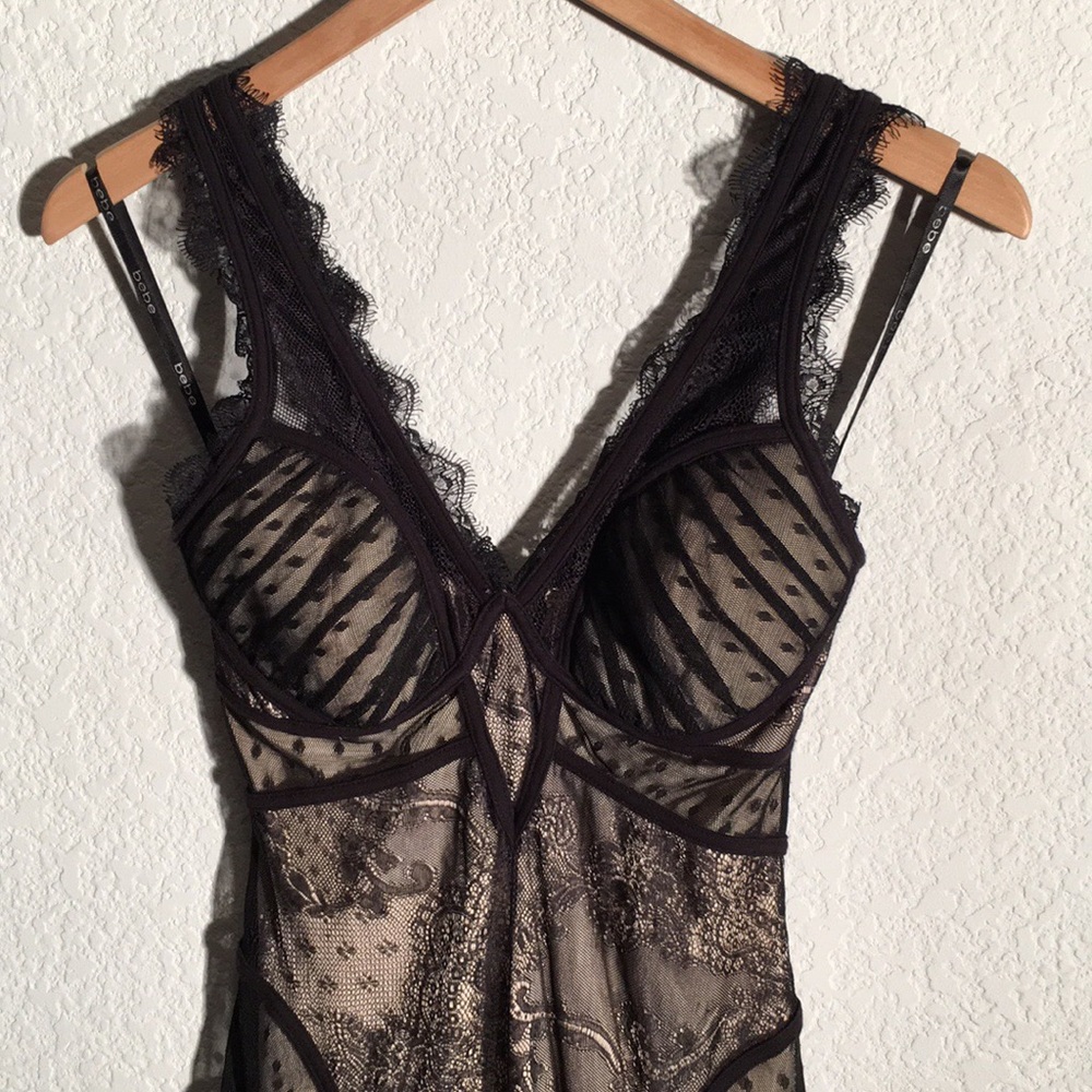 bebe Black Lace & Nude Mesh Slip Dress - Picture 2 of 8